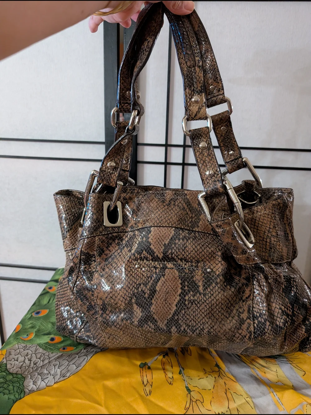 B. Makowsky Brown Snakeskin Embossed Leather Satchel Handbag